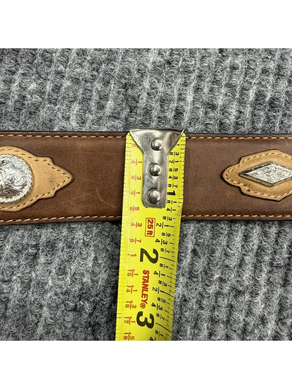 Justin Belt Mens 38 Brown Leather Western Concho Studded Engraved Silver Buckle